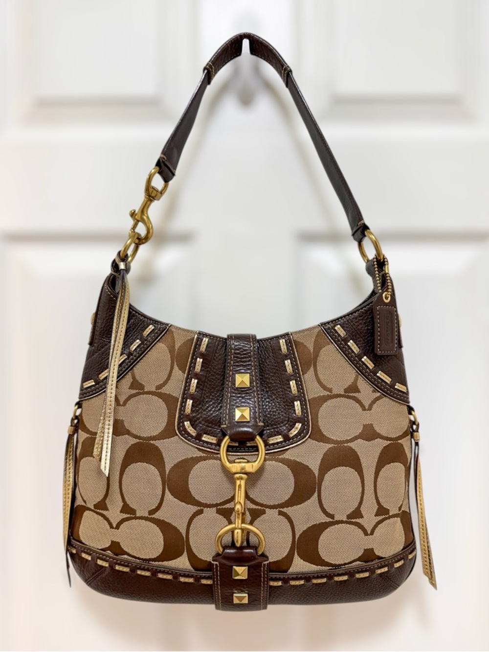 Coach Hamptons Studded Clip Hobo Bag Signature Jacquard Brown